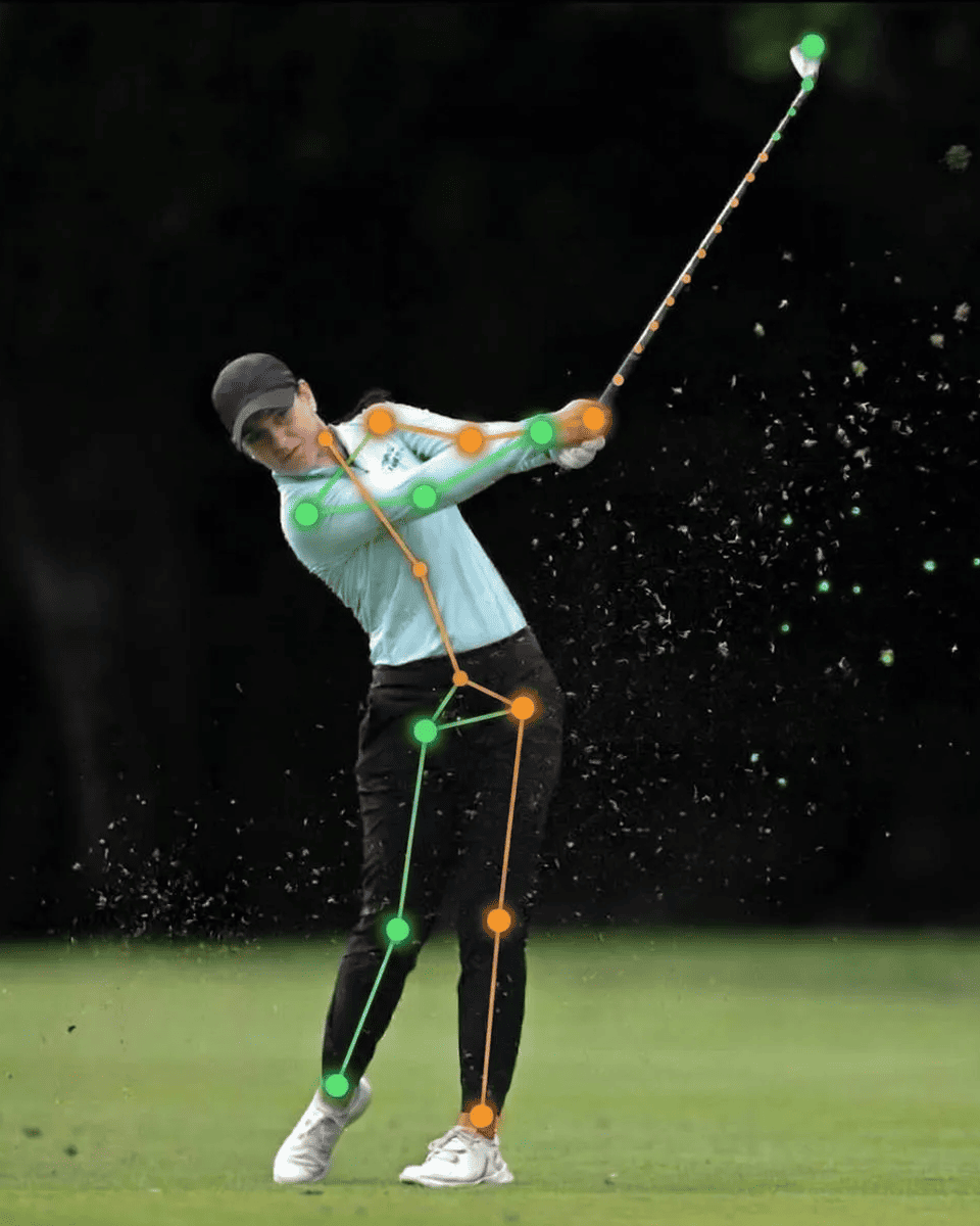 Golfer mid-swing with motion-tracking pose overlay